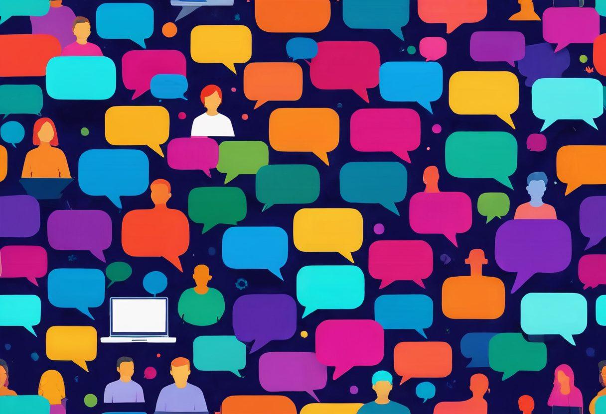 A vibrant digital landscape filled with colorful speech bubbles representing conversations about virtual intimacy, diverse avatars of people engaging in discussions, symbols of technology like laptops and headphones scattered throughout, an inviting and inclusive atmosphere. super-realistic. vibrant colors. soft gradients.